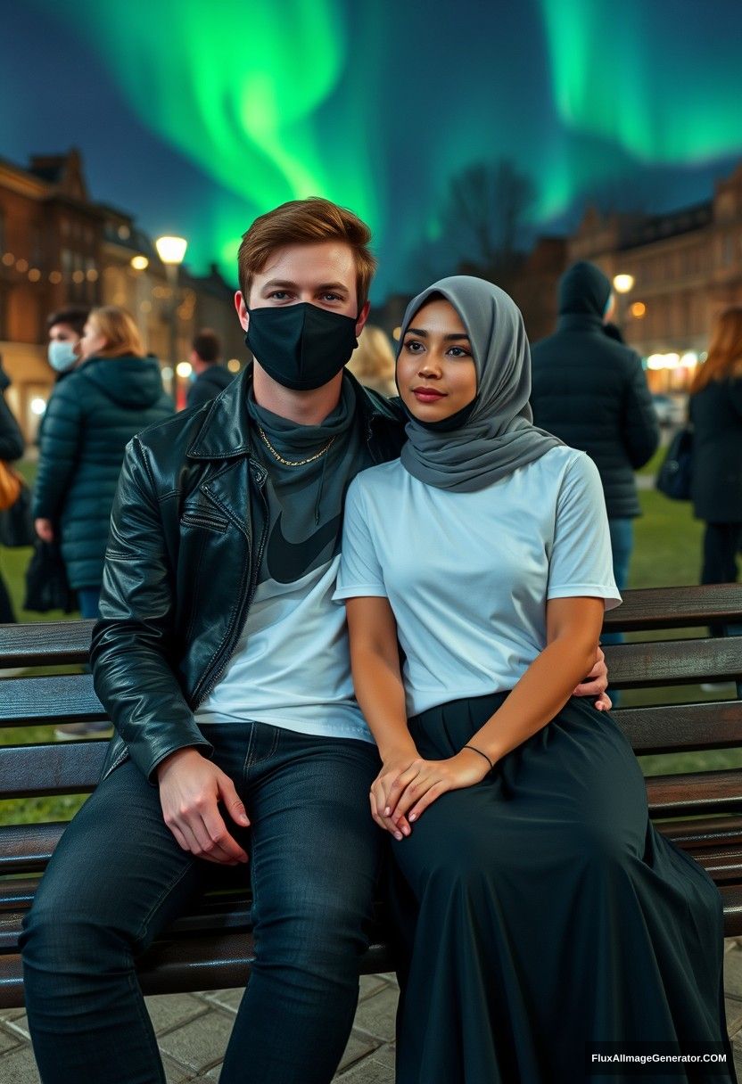 Jamie Dornan, tall, young, wearing a black face mask, a white Nike t-shirt, and jeans, 

is dating a beautiful Muslim girl in a grey hijab with lovely eyes, also wearing a black face mask, a leather jacket, and the longest and biggest skirt, who is not tall. 

They are sitting together on a park bench, leaning on each other's shoulder, in town, with strangers in the background. The scene is photorealistic, capturing a selfie atmosphere, set against a night scenery with the aurora borealis. - Image