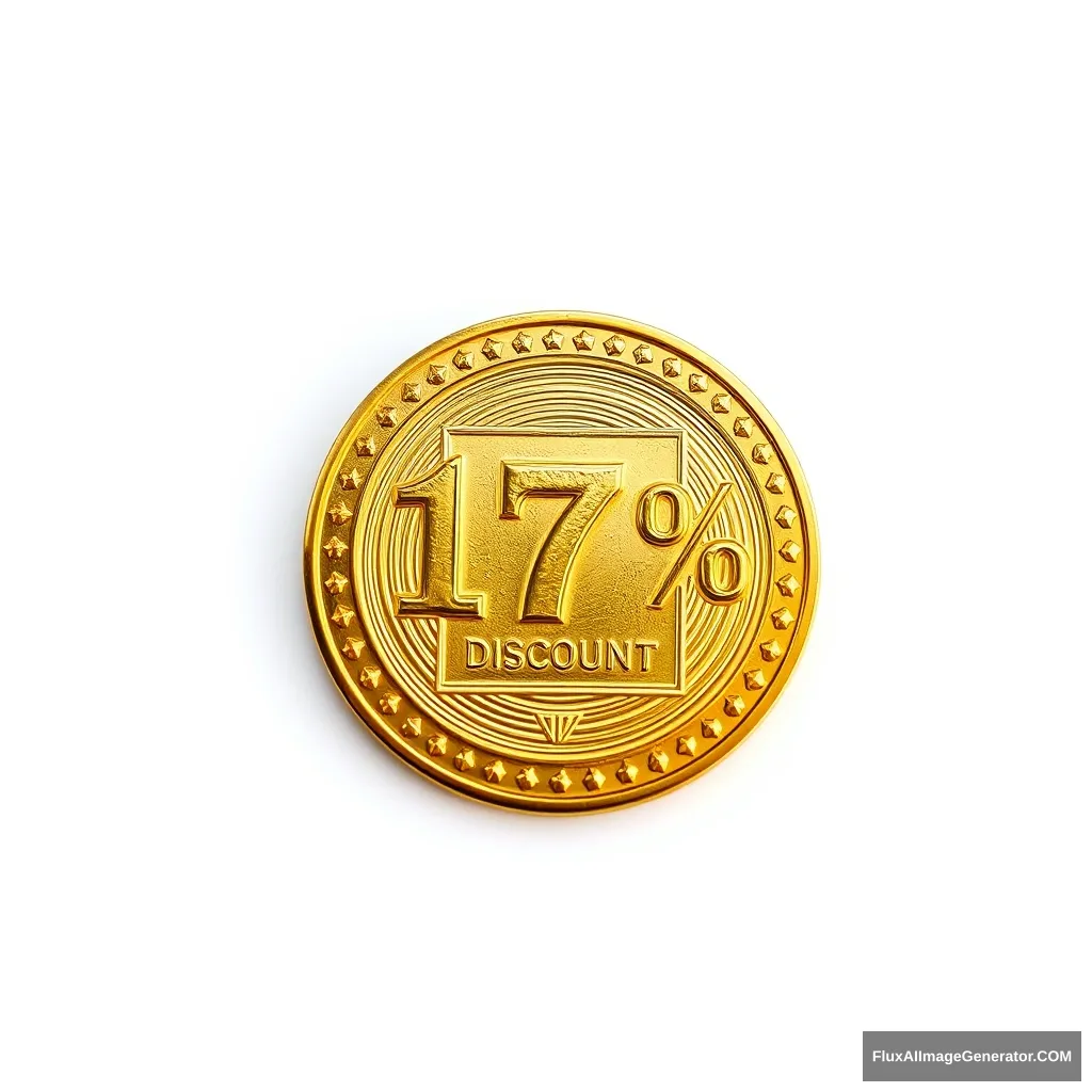 Draw a very luxurious golden coin that represents the right to purchase a 17% discount. Background is white.