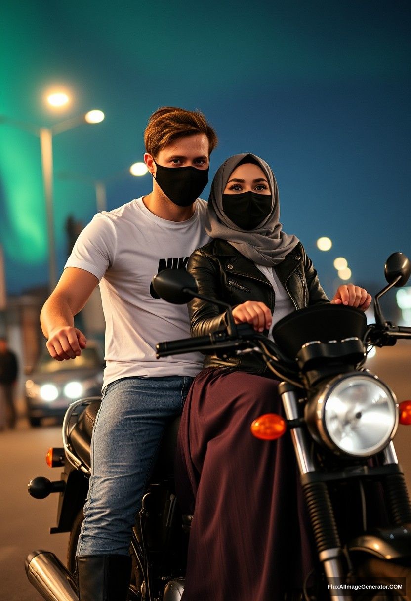 Jamie Dornan, tall, young, wearing a black face mask, a white Nike t-shirt, and jeans, riding a motorcycle

dating romantically with a grey hijab-wearing Muslim girl, beautiful eyes, also wearing a black face mask, a leather jacket, and a very long and wide skirt, who is not tall,

sitting on the motorcycle together, in town, photorealistic, street photography, night scenery, aurora borealis. - Image