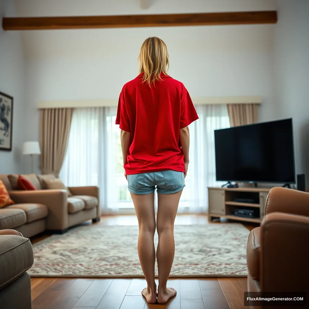 Back view of a young blonde skinny woman in her early twenties in her massive living room, wearing a massively oversized red polo t-shirt that is really off-balance on one of the shoulders. The bottom part of her t-shirt is tucked in, and she is also wearing light blue denim shorts with no shoes or socks. She faces her TV with a shocked expression and dives into the magical TV headfirst. - Image