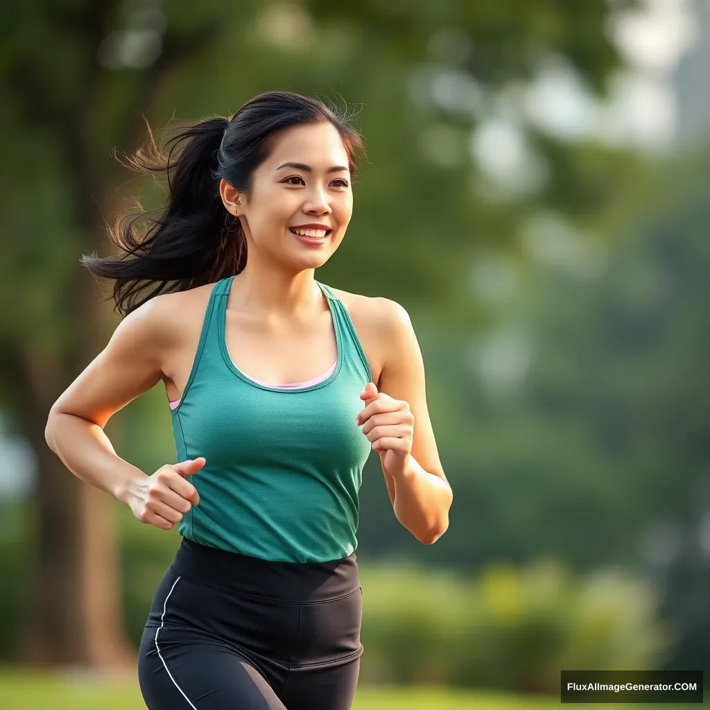 "A woman running, Asian, young mother, yoga sportswear." - Image