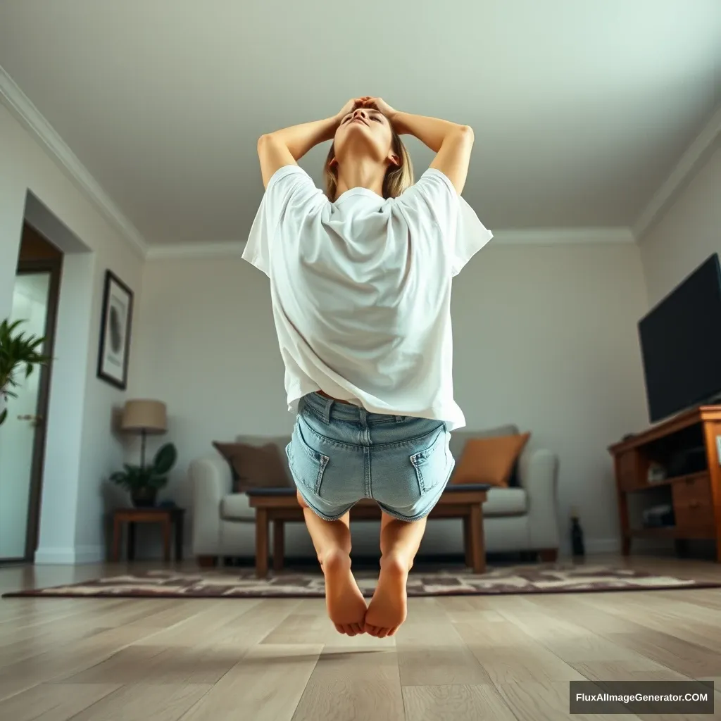 A right angle of a slender blonde woman in her spacious living room, dressed in a significantly oversized white t-shirt that is also uneven on one of the sleeves. She wears baggy light blue denim shorts and has no shoes or socks on. Facing her TV, she dives head first with both arms lifted beneath her head, which is looking upwards, while her legs are elevated in the air. She is positioned at a -60 degree angle.