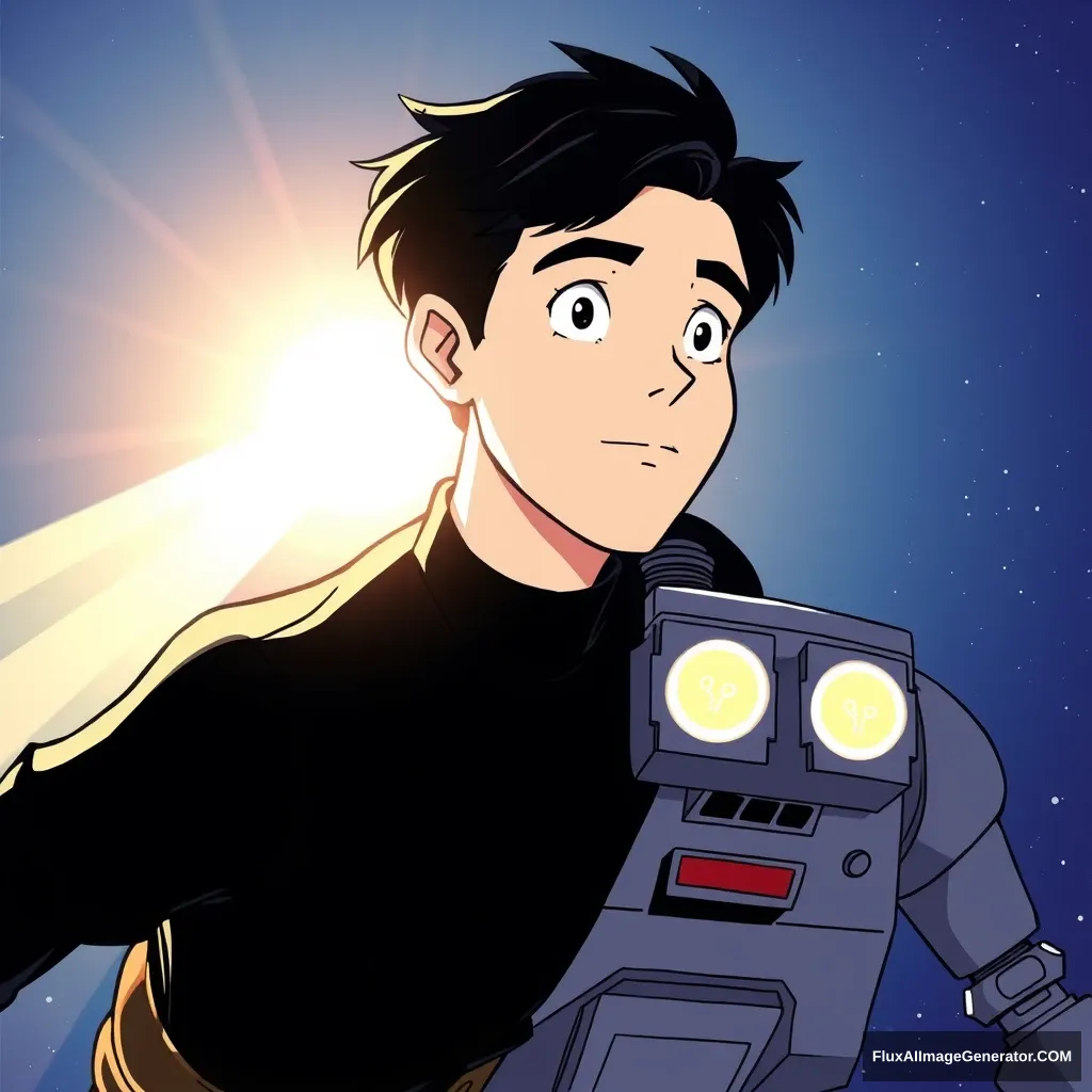 A young man with dark hair wearing all black, with the sun shining on his white face as he floats through outer space, drifting behind a damaged robot with two light bulbs for eyes about to go out; it's a cartoon from the 80s.