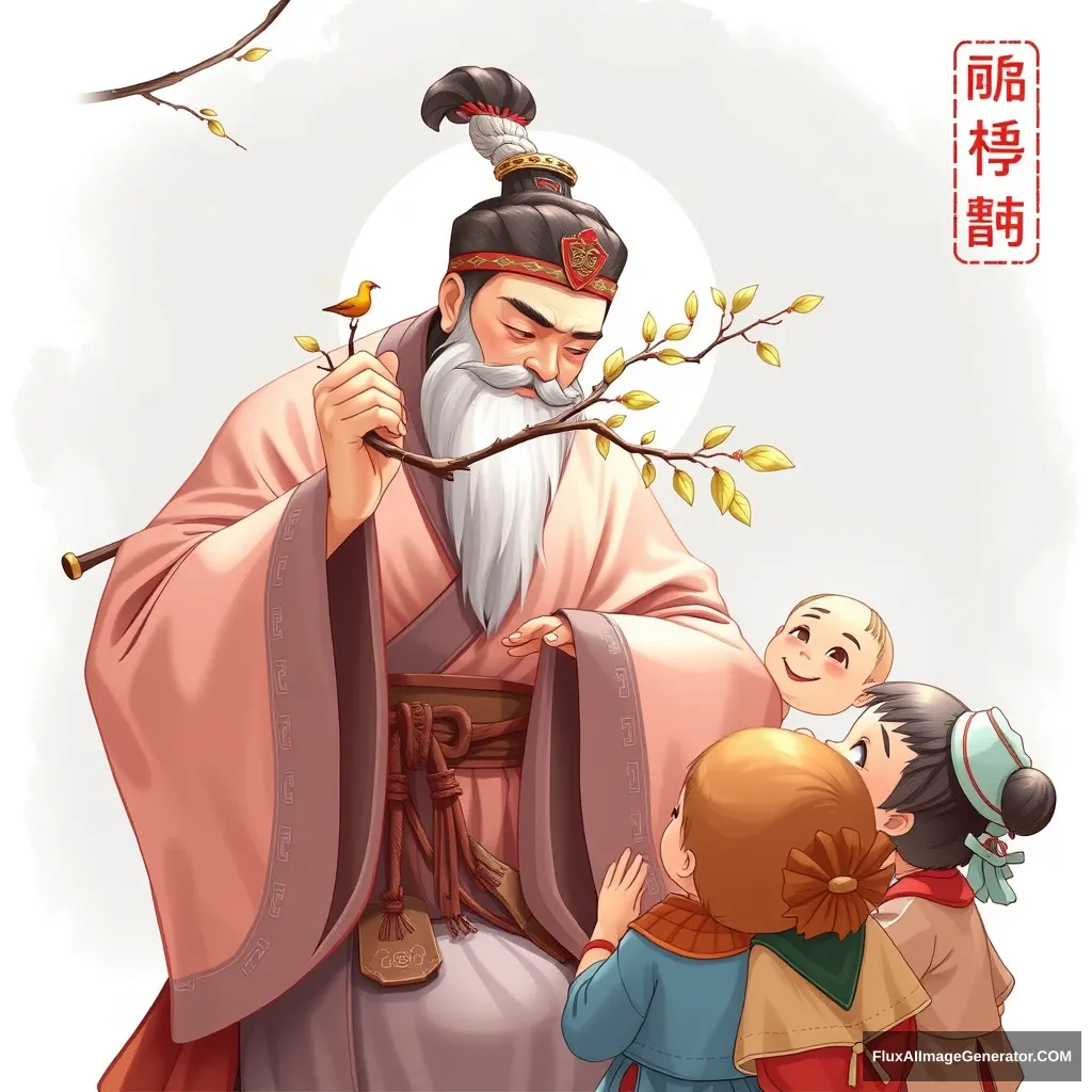 A Chinese figure, donned in traditional Tang Dynasty attire, gently holds a branch, teaching a group of children with care and wisdom.