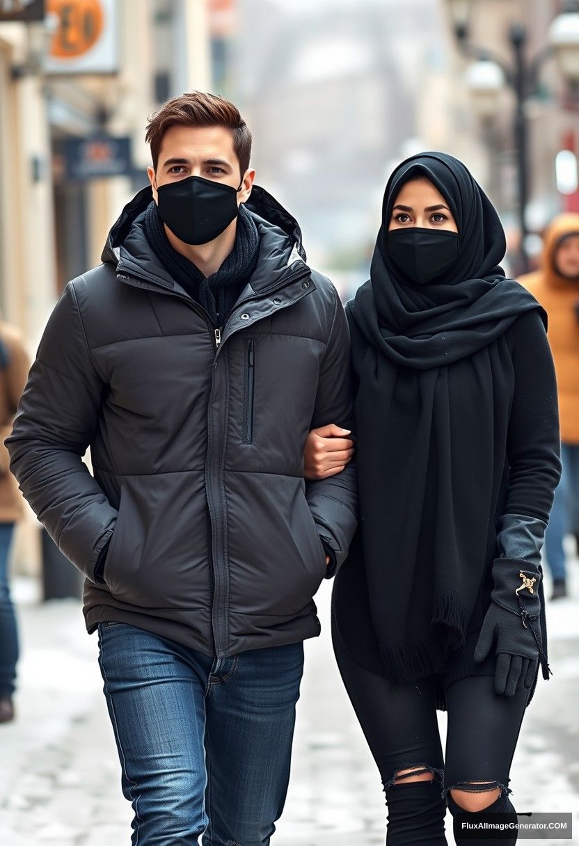 Jamie Dornan, handsome, young, wearing a black face mask, snow jacket, jeans, dating a beautiful Muslim girl in a big black hijab, with beautiful eyes, wearing a black face mask, snow jacket, in a winter scenery, walking together in town, photorealistic, street photography. - Image