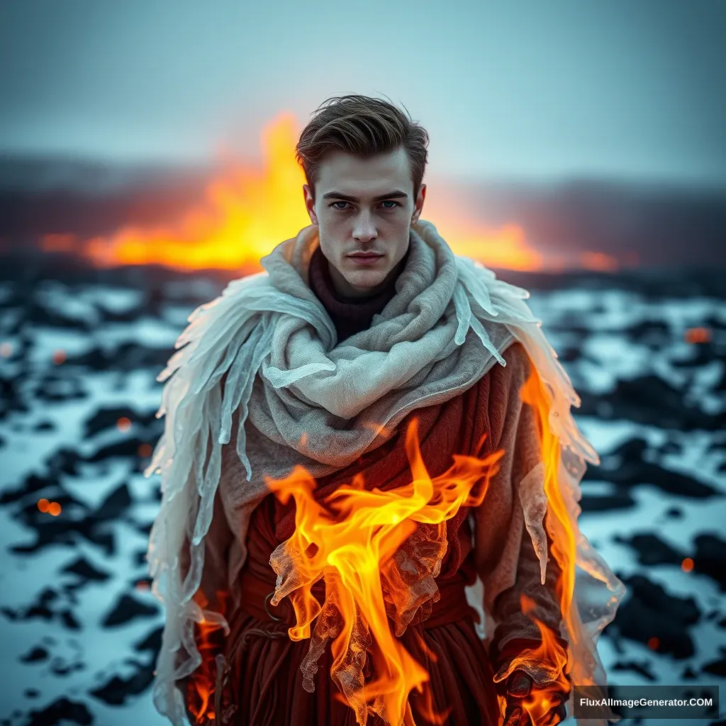 Huyag, handsome man, 20-year-old model, wearing clothes of ice and fire, Icelandic volcano, surface magma, burning clothes, long shot, exquisite facial details, Tim Walker photography with sound, detailed facial features. Photography, main light, panoramic, fashion photography, snow scene, philosophical feel, realistic photo. Very cool action. - Image