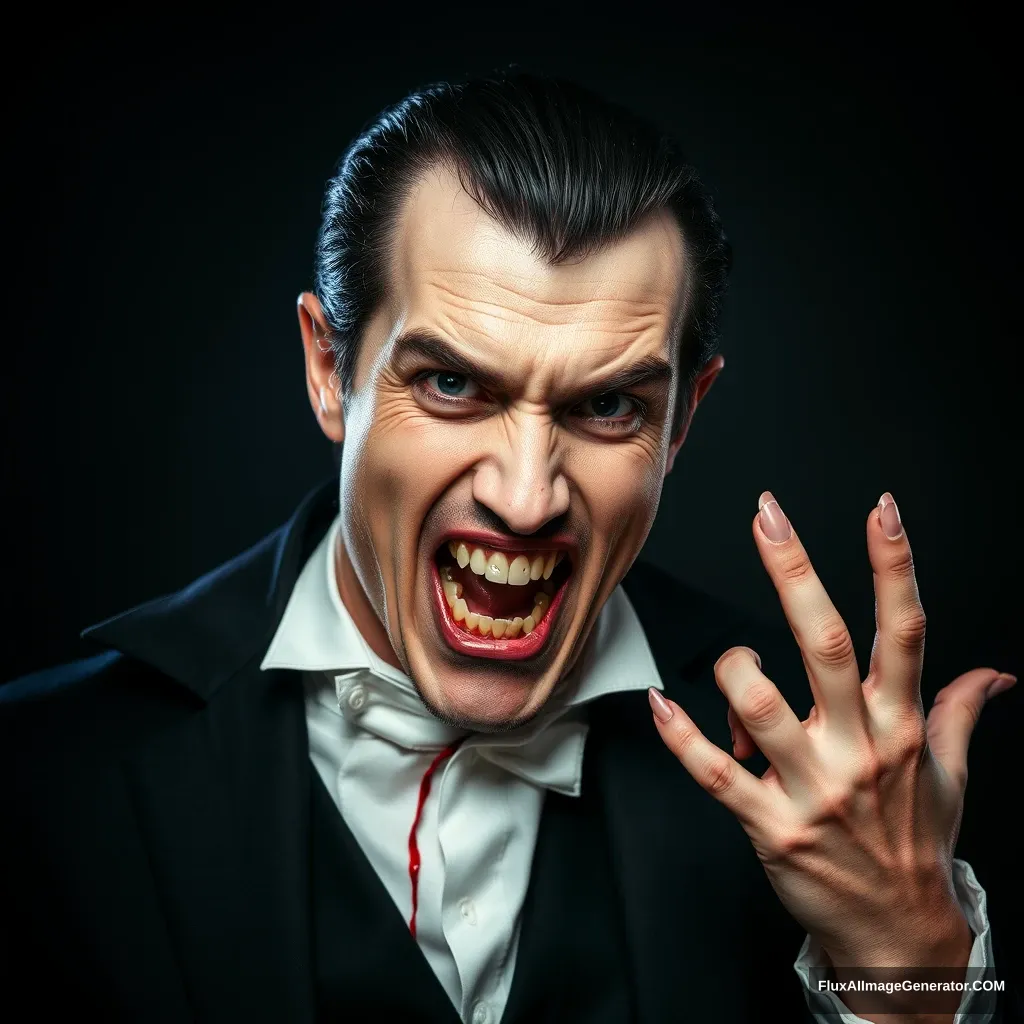 Dracula man, handsome, sharp teeth, blood, hyper realistic, studio photography