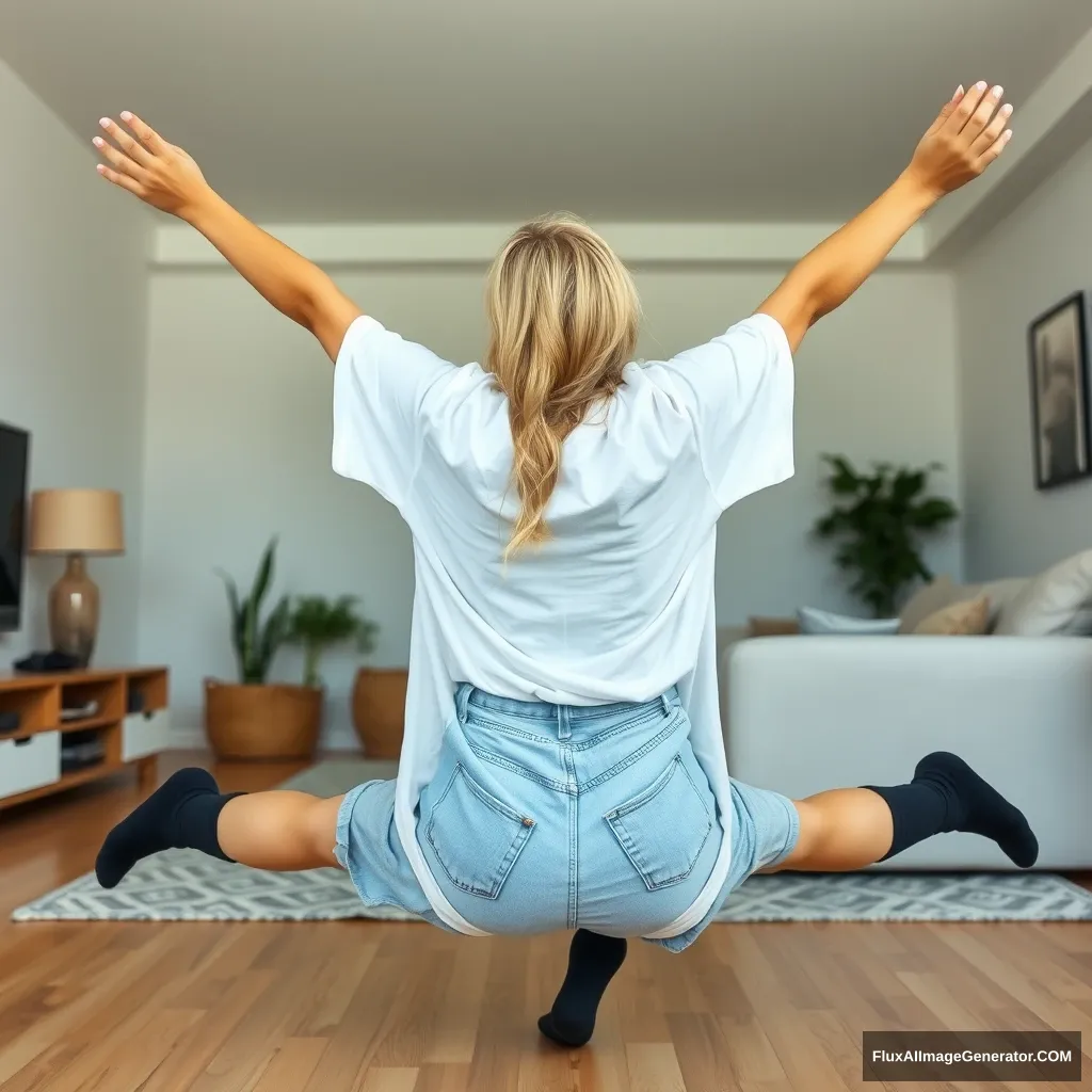 A side view of a skinny blonde woman in her spacious living room, wearing an incredibly oversized white t-shirt that hangs slightly off balance on one shoulder. She has on oversized light blue denim shorts that are unrolled, along with ankle-high black socks and no shoes. Facing her TV, she dives head first with both arms raised below her head, which is looking up, and her legs are raised in the air, creating a -60 degree angle. - Image