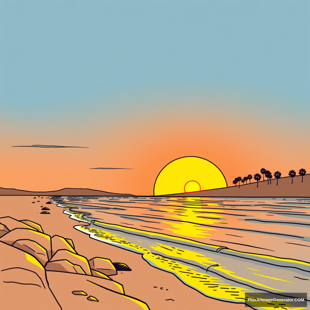 "An outline illustration style of the sunset by the seaside in Los Angeles." - Image