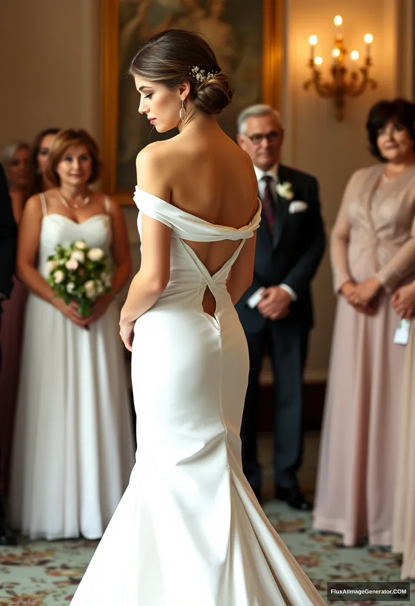 A short young woman, sensitive, delicate, wearing an off-shoulder, backless, strapless, side-less, low-waisted, open-back contouring wedding dress that's starting to come undone, in front of elder patriarchy, expectations, perfect posture.