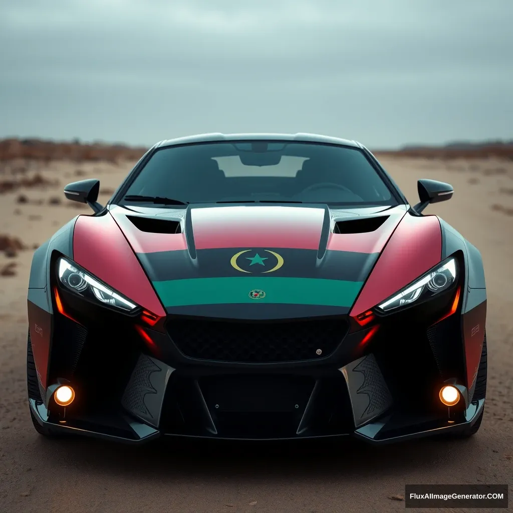 Cyberpunk car, realistic, Libya flag on the front glass.