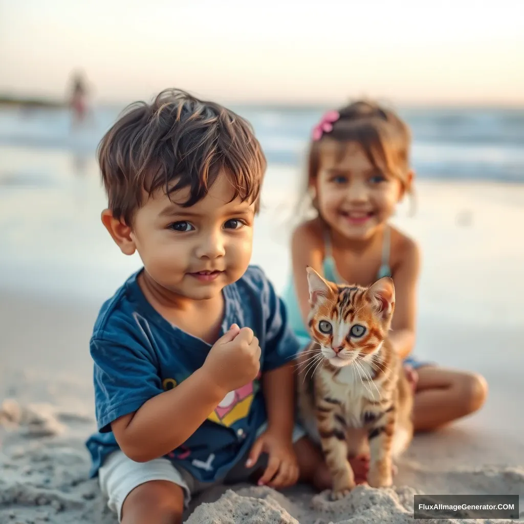 child, boy, cat, beach, parents - Image