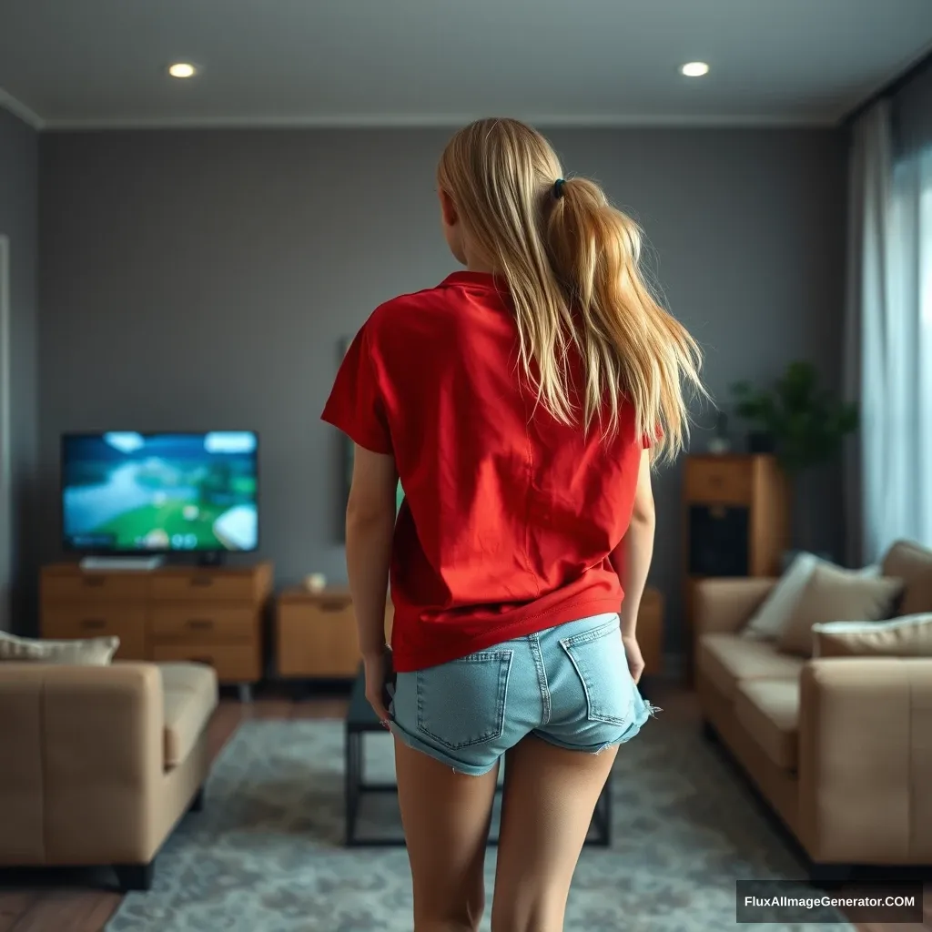 Back view of a young blonde skinny woman in her early twenties in her massive living room, wearing an oversized red polo t-shirt that is slightly off-balance on one shoulder. The bottom part of her t-shirt is tucked in, and she is wearing light blue denim shorts with no shoes or socks. She faces her TV with a shocked expression and dives into the magical TV headfirst. - Image