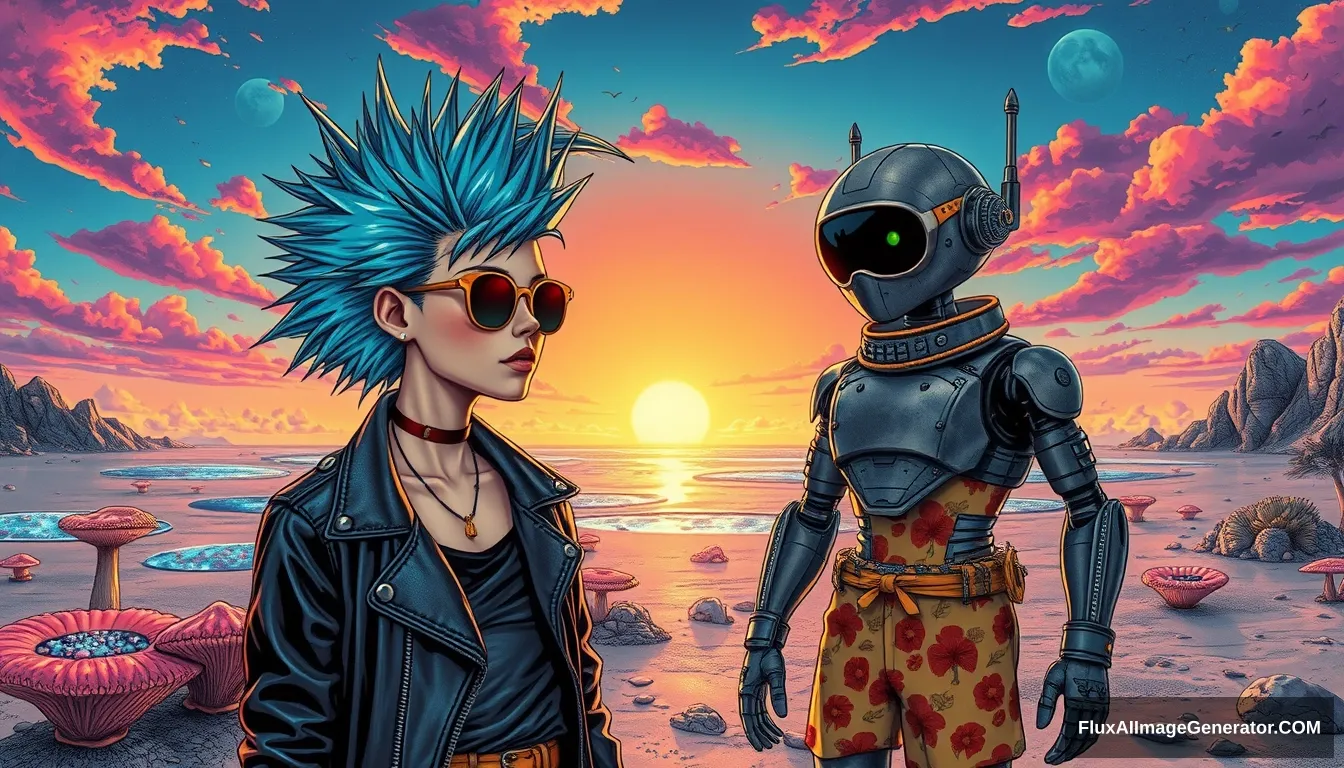 A striking, high-contrast realistic scene showcases a punk girl with electric blue spiky hair and a leather jacket, alongside a very cute hunk retro-futuristic robot in Hawaiian shorts, set against a surreal alien beach with iridescent fungi and shimmering lakes under a vibrant sky. In the Style of Moebius.