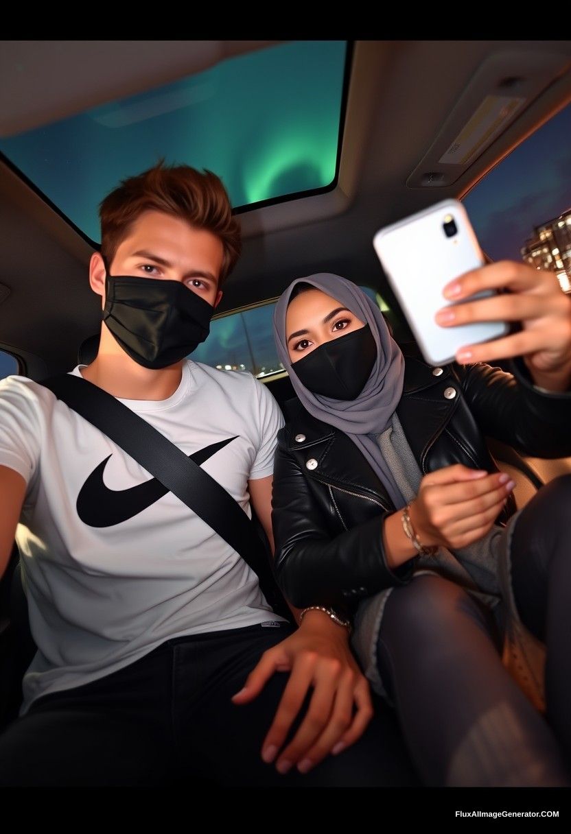 Jamie Dornan, tall, young, wearing a black face mask, a white Nike t-shirt, and jeans, is dating a Muslim girl in a grey hijab with beautiful eyes. She has a black face mask on, is wearing a leather jacket, and has a very long and big skirt. She is not a tall girl. They are sitting in a car in town, in a photorealistic setting, taking selfie photos at night with the aurora borealis in the background.