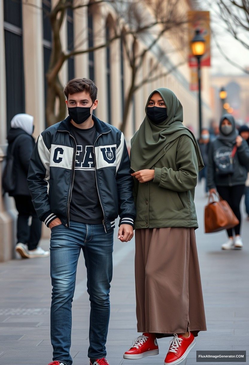 Jamie Dornan, young, black face mask, capital A collage jacket, jeans, red sneakers, romantic date with the biggest hijab-wearing Muslim girl in army green, beautiful eyes, black face mask, college jacket, the longest skirt, red high sneakers, not tall girl, photorealistic, street photography, full photography. - Image