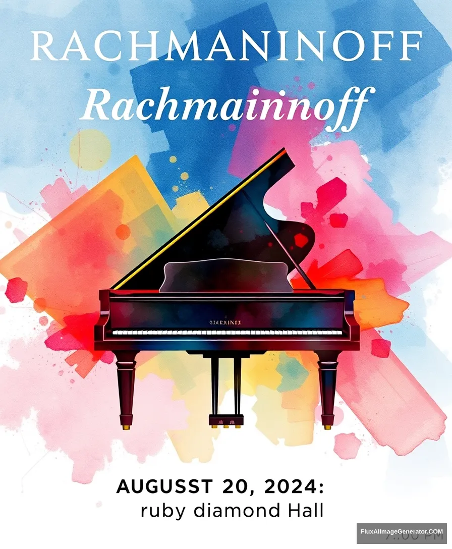 Title: “Rachmaninoff” displayed at the top center

include the following texts on the bottom of the poster:
“August 20, 2024”
“7:00 PM”
“ruby diamond Hall”

Visual Elements: A grand piano centered at the bottom with vigorous colors watercolor style.