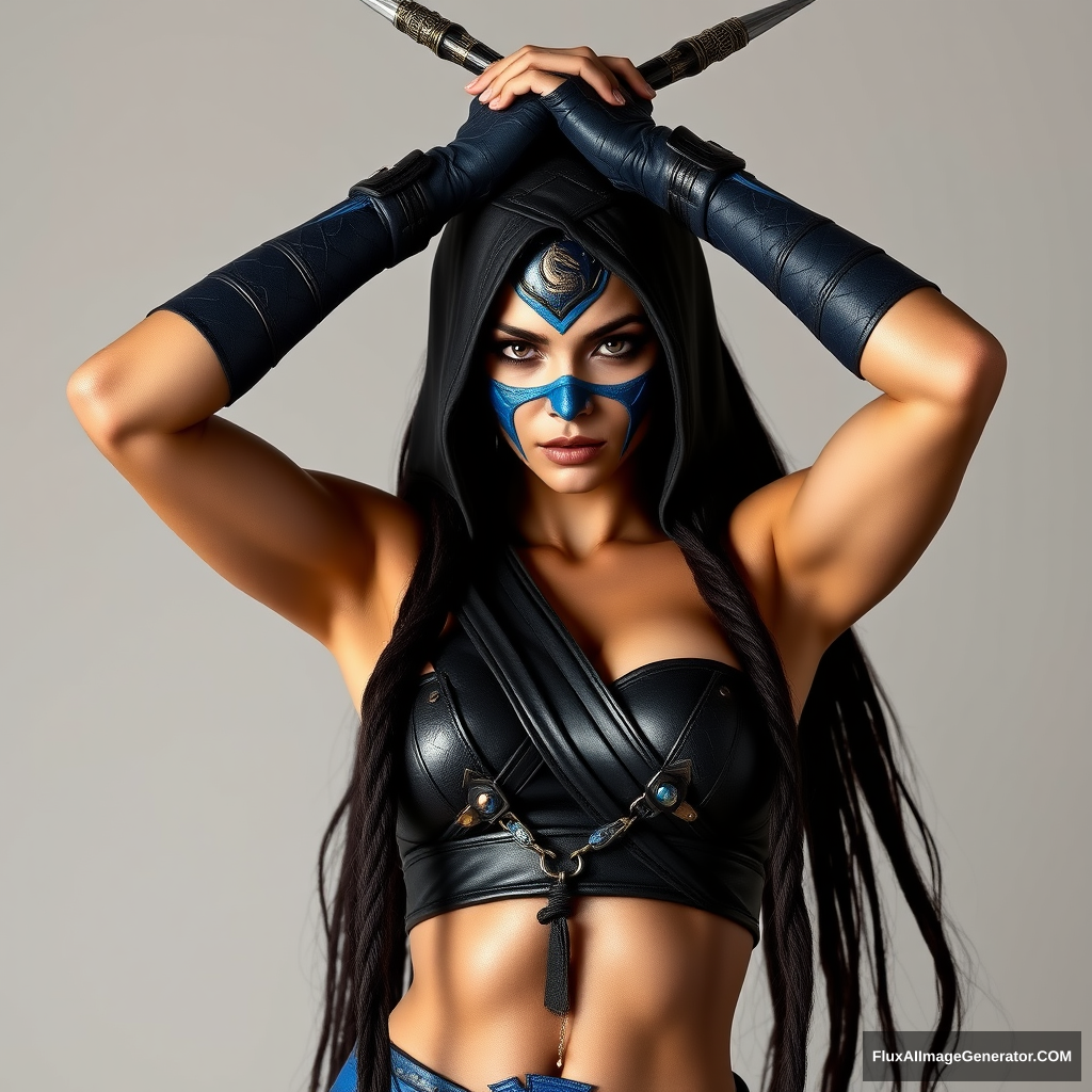 Kitana from Mortal Kombat as a real-life female, thin and toned, arms crossed above her head with weapons in her hands, hyper-realistic photo. - Image