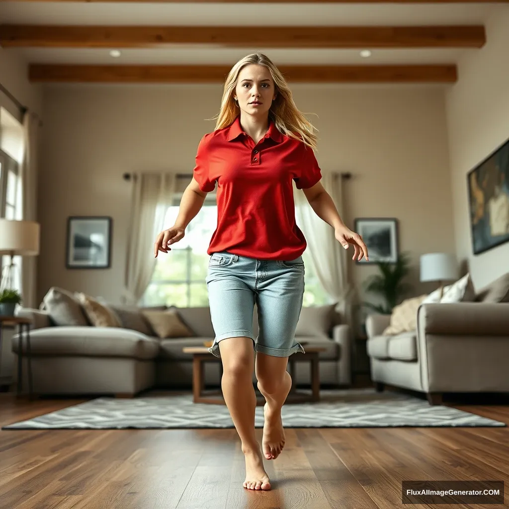 Front view of a blonde skinny woman who is in her massive living room wearing a massively oversized red polo t-shirt which is very off balance on one of the shoulders and wearing light blue denim shorts that are knee height, and she is wearing no shoes or socks. She faces the camera while looking worried and runs towards the camera with both her arms straight down on her hips. - Image