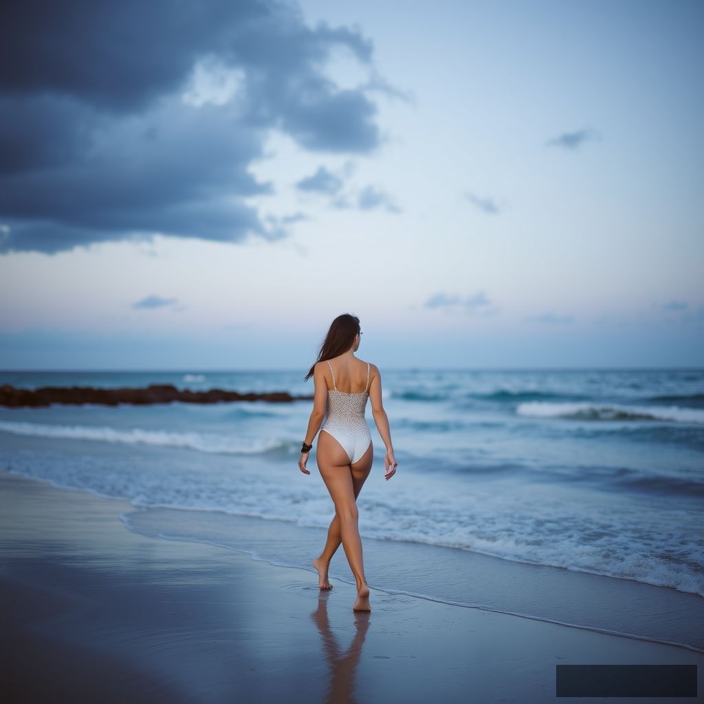 "A woman in a swimsuit walking by the sea, beach, dusk,"