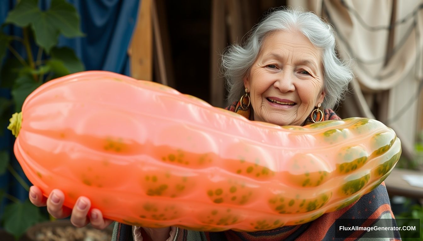 A large pink gelatin cucumber being held by a smiling old woman wearing a poncho. - Image