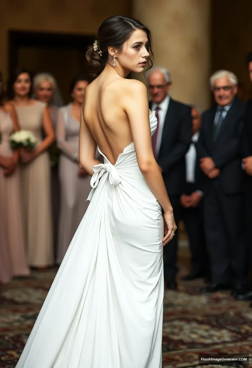 A short young woman, sensitive, delicate, backless strapless side-less low-waisted contouring wedding dress with a loose front and an open rear that seems like it was intentionally left undone. Submitting before the council of fathers. Expectations. Perfect posture. Pale skin. - Image