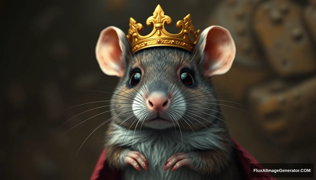 Fantasy cute anthropomorphic rat king in a crown, octane render, there is a king text in the crown.