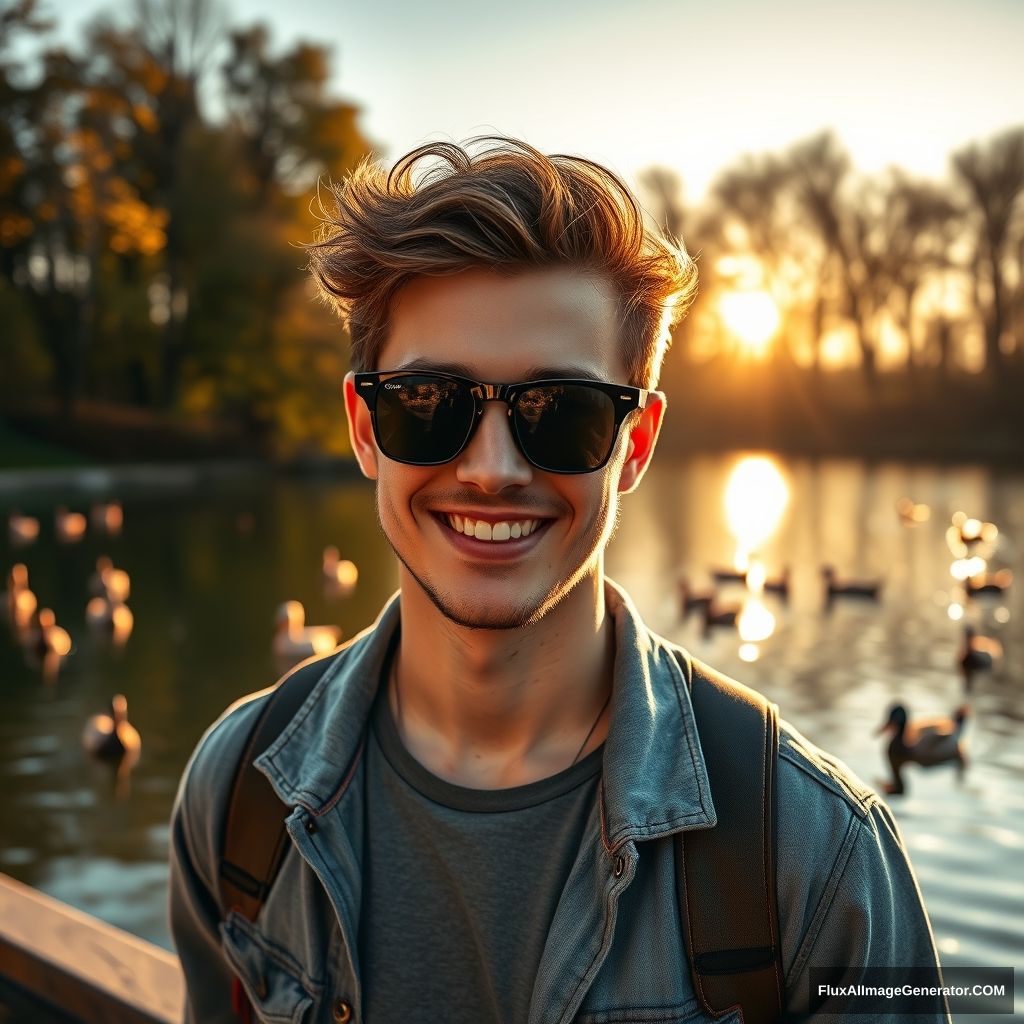 A sunny, handsome guy looking for a girlfriend, striking blue eyes and a contagious laugh, wearing trendy sunglasses and a casual outfit, standing near a picturesque lake, with ducks swimming in the water and trees reflecting in the surface, the sun setting in the background, casting golden light, composition highlighting the guy’s casual pose with the shimmering lake creating a serene backdrop, an atmosphere filled with warmth and longing for companionship, photography shot with a Canon EOS R5, 85mm lens, softly blurred background emphasizing the subject, --ar 16:9 --v 5.