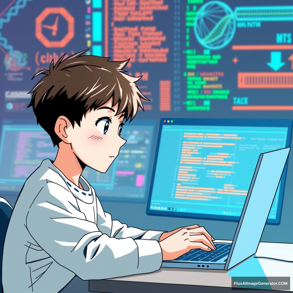 A boy in an anime theme working on a laptop solving a bioinformatics problem. - Image