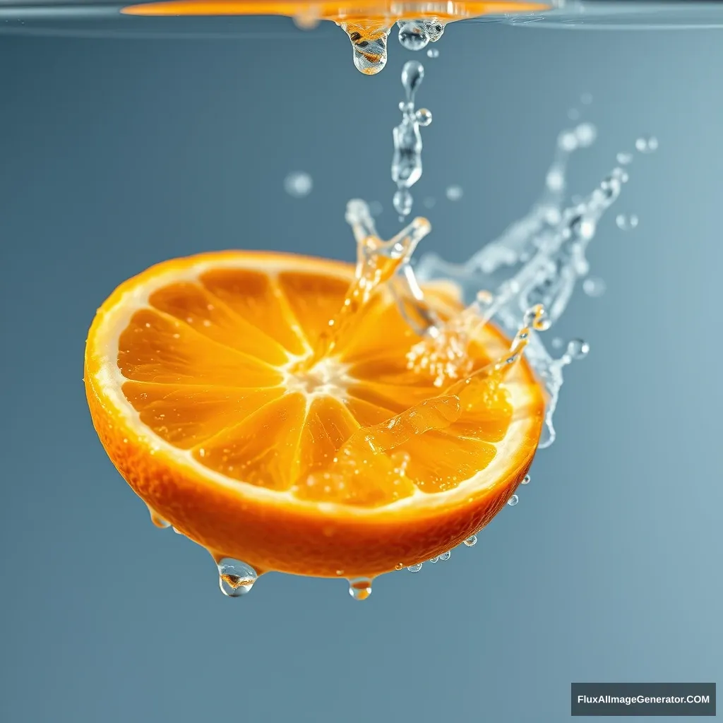 A chilled slice of orange falls into the water, creating a splash of water.