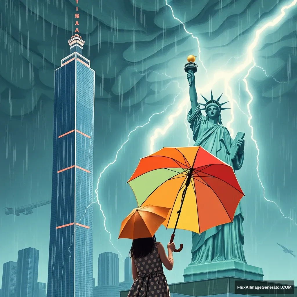 "Taipei 101 building and the Statue of Liberty together, under a tornado with lightning and thunder, a girl's umbrella is turned inside out." - Image