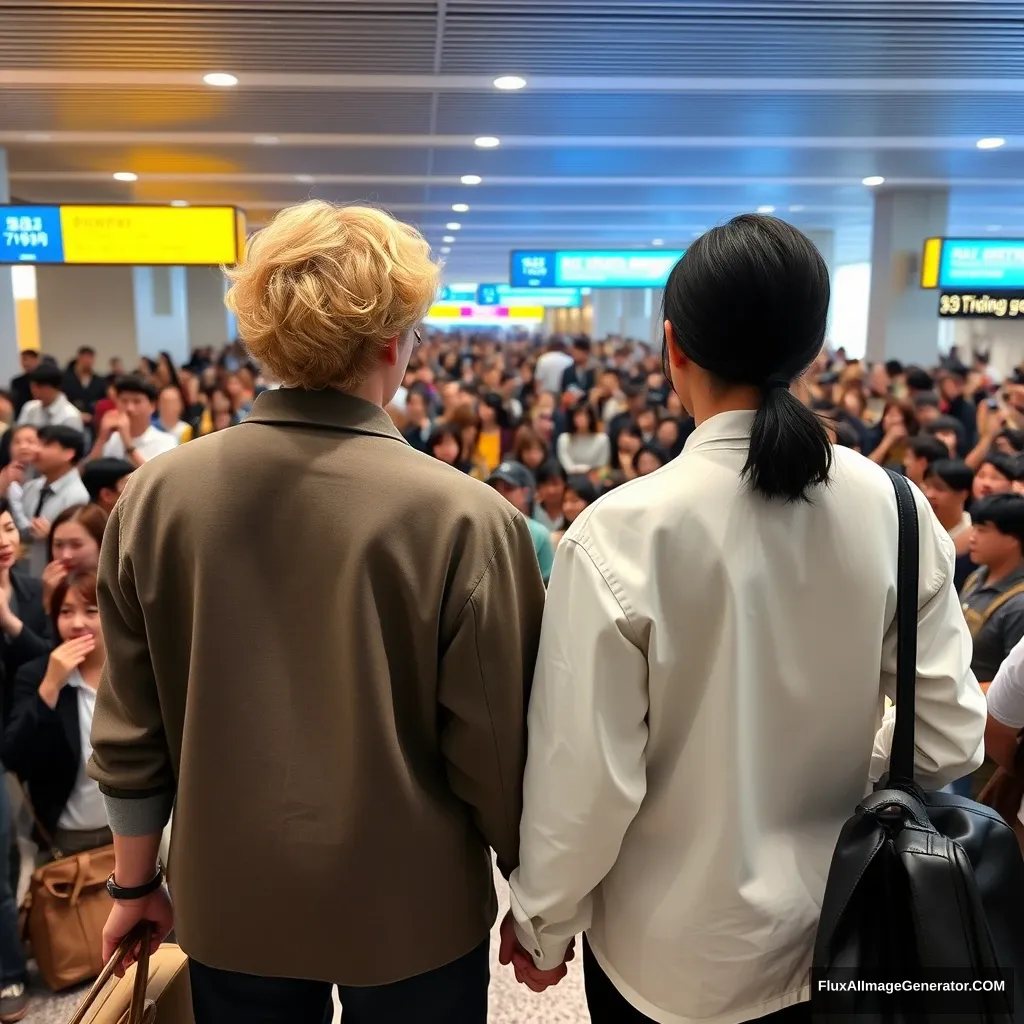 A man with curled, blonde ear-length hair and a man with low pony-tailed ebony hair are holding each other's hand in front of a huge amount of fans at the airport, showing their backs; both have a K-pop idol style, and the blonde man is taller. - Image