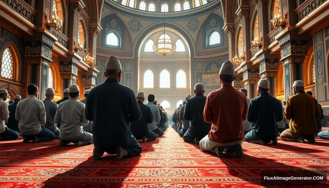 An inspirational and uplifting scene showing Muslims united in prayer and reflection, set in a beautiful mosque with intricate architecture. Ultra HD, realistic, inspirational, with warm and cinematic lighting.