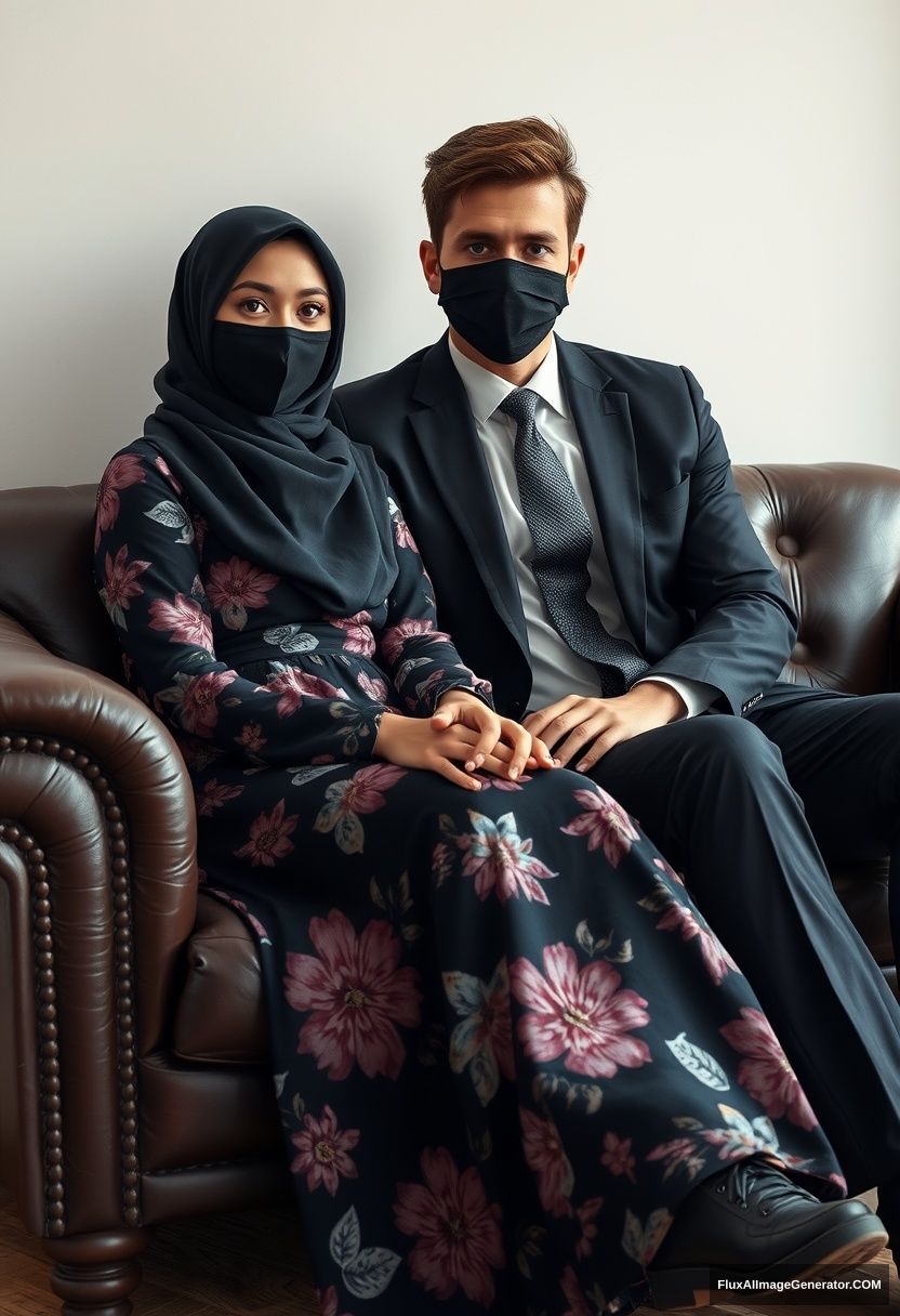 A biggest black hijab girl, slim girl, beautiful eyes, face mask black, biggest floral longest dress, sitting on leather single wing sofa, 

Jamie Dornan, youngest, black suit coat, grey pattern tie, black leather sneaker, tall man, face mask black, tough body, sitting near her,

hyper realistic, studio photography.