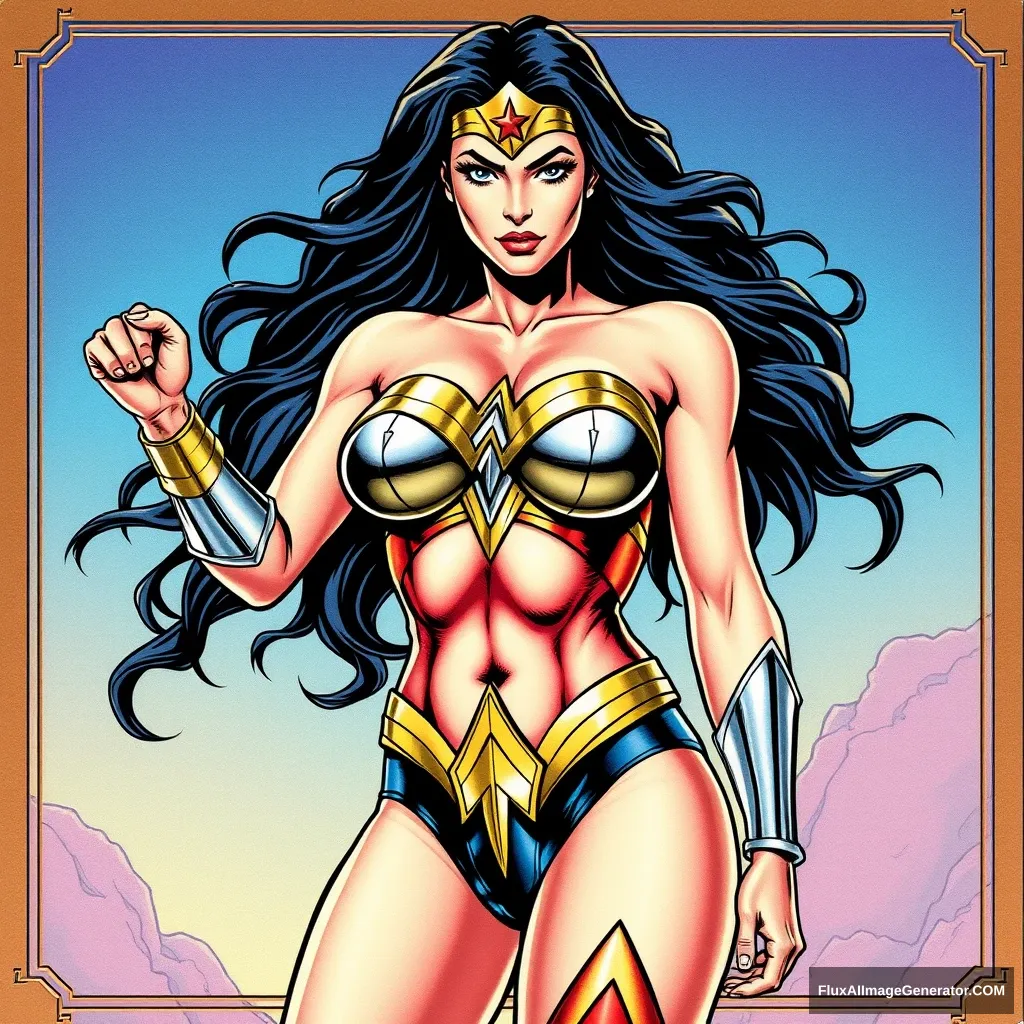 Big chested Wonder Woman character in the year 2099. Full body image from head to toe. In a metallic trading card print.