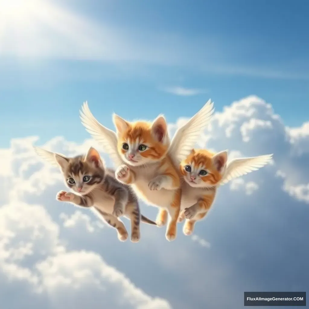 Kittens with wings flying on a sunny day, clouds, blue skies. - Image