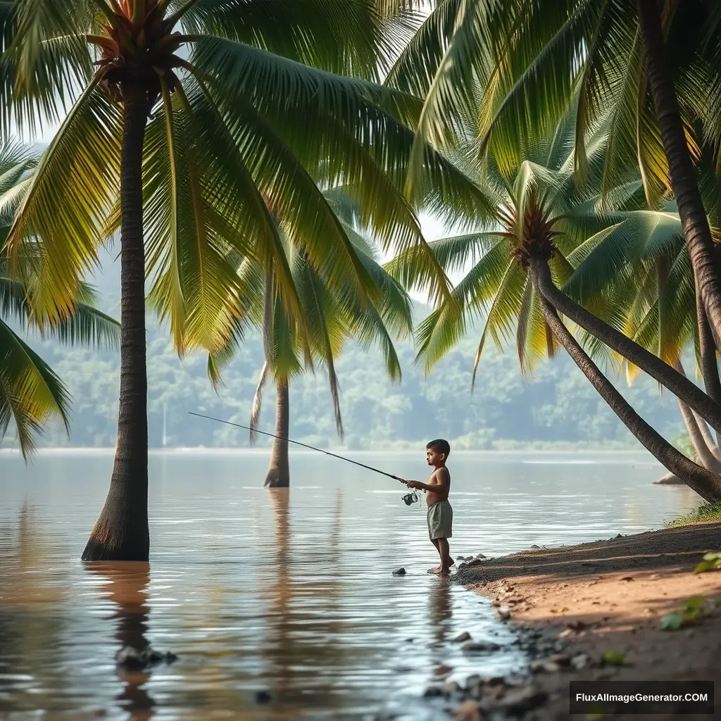 Small boy fishing at the riverside of coconut trees. - Image