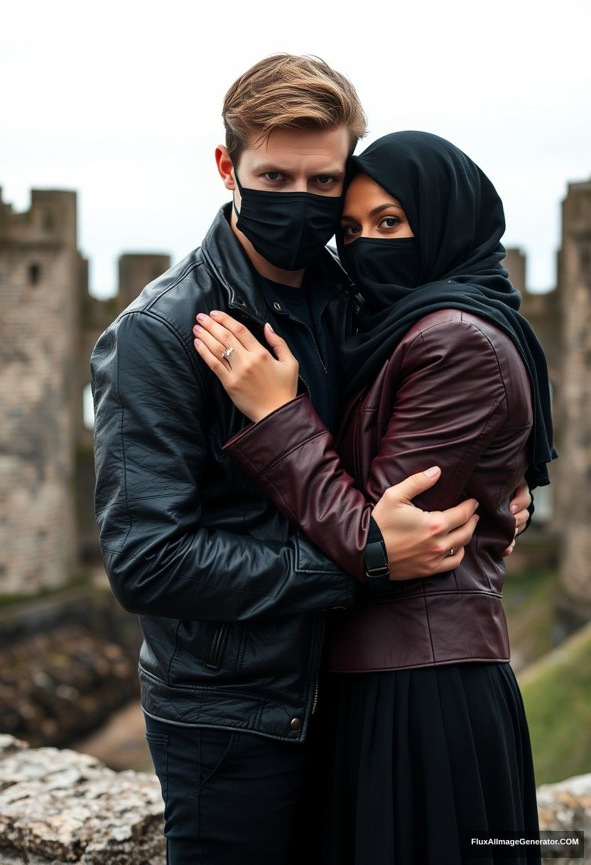 Jamie Dornan's head and body shot, handsome, face mask black, black leather jacket, dating, love hug with the biggest black hijab Muslim girl, not tall, beautiful eyes, face mask, maroon leather jacket, biggest black skirt, hyper realistic, studio photography, full body photo, exploring at an abandoned castle, at sea, gloomy scenery.