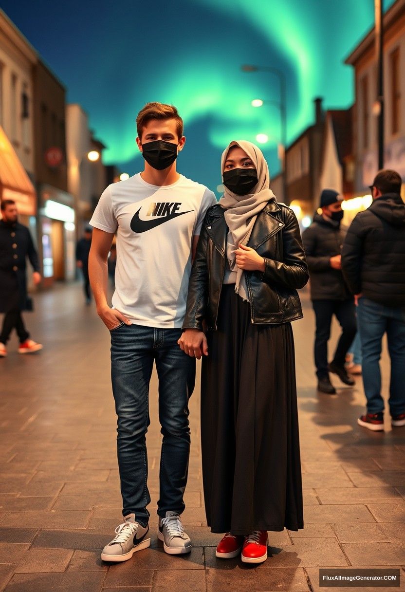 Jamie Dornan, tall, handsome, wearing a black face mask, a white Nike t-shirt, jeans, and sneakers, is dating a romantic Hijab-wearing Muslim girl with beautiful eyes, a black face mask, a leather jacket, and an extremely long and large skirt. She is not tall and is wearing red sneakers. They are holding hands, standing together in town, in photorealistic street photography, full photography, selfie photos, with a night scenery featuring the aurora.