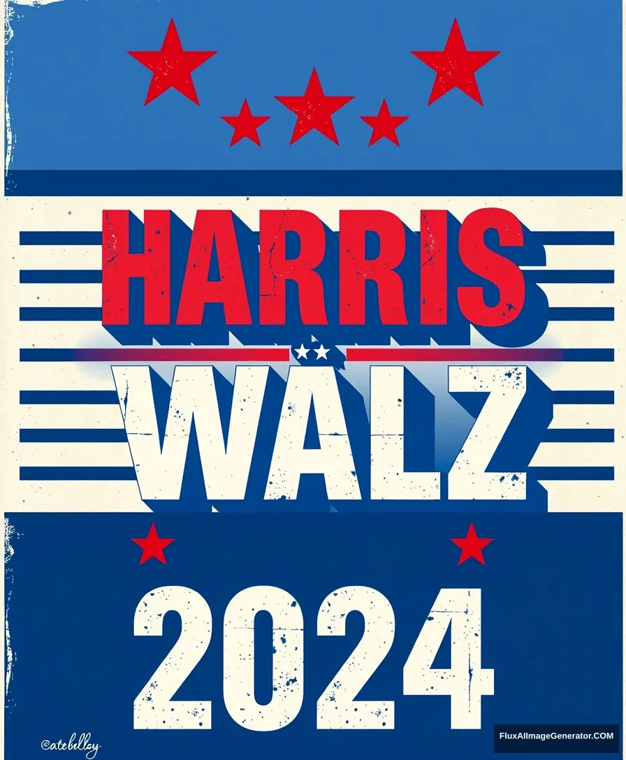 A striking and bold campaign poster featuring the names "HARRIS" and "WALZ" stacked together, with the year "2024" below them, suggesting a hypothetical presidential ticket. The design exudes patriotic energy with red stars above and below the text, and blue horizontal lines framing the names. The grunge font and style give it an edgy and modern feel, appealing to a younger and more diverse audience. The overall impression is of a powerful statement for change and representation in the world of politics. - Image