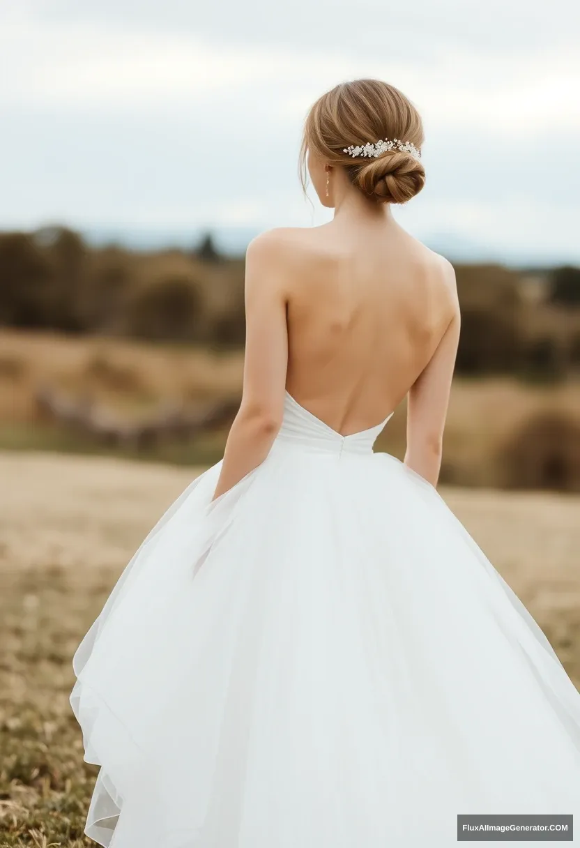 a young woman, sensitive, delicate, ashamed, backless strapless low-waisted airy tutu-inspired wedding dress