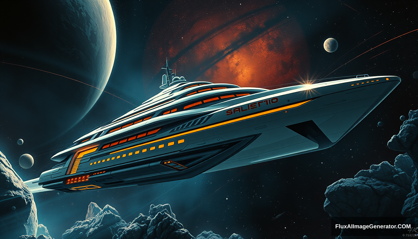 A futuristic space yacht, as painted by Syd Mead, deep space setting, 4k, full-length mural along the side. - Image