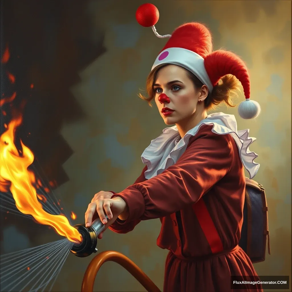 I want a painting of Scarlett Johansson wearing a clown costume while putting out a fire.