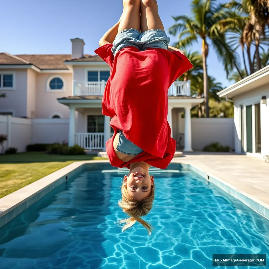 Front view of a young blonde skinny woman who is in her early twenties, standing in her massive backyard. She is wearing a massively oversized red polo t-shirt, which is slightly off balance on one shoulder, and the bottom part of her t-shirt is tucked in on all sides. She is also wearing small light blue denim shorts and is barefoot. She jumps into her luxurious pool head first, going upside down with her head underwater. - Image