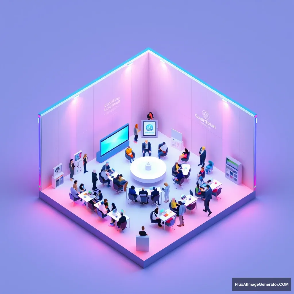 Cube cutout of an isometric conference big room with low poly men and women, 3D art, pastel colors, soft lighting, high detail, ArtStation, concept art, Behance, ray tracing. - Image