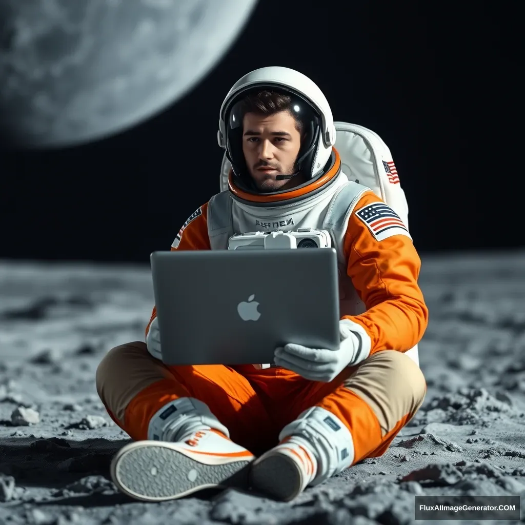 The image shows an astronaut sitting on the surface of the moon, holding a laptop in his hands. He is wearing an orange and white suit with a helmet and a backpack on his back. The astronaut appears to be deep in thought, with a focused expression on his face. The background is a. - Image