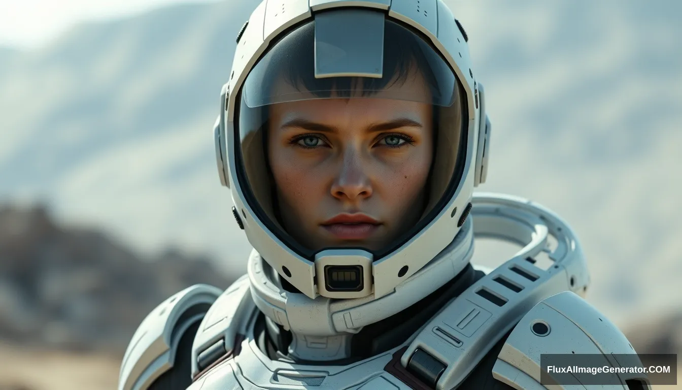 White sci-fi female armor with a cybernetic helmet, full armor, insulated armor, spacesuit, bald head, lots of fine detail, sci-fi movie style, outdoor photo, photography, natural light, photorealism, cinematic rendering, ray tracing, the highest quality, the highest detail, cinematic, third-person view. - Image