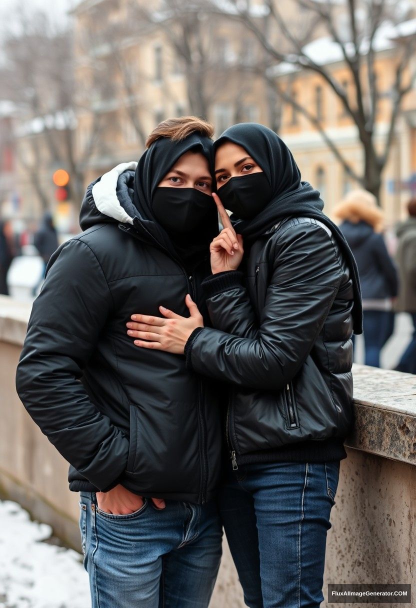 Jamie Dornan, handsome, young, black face mask, snow jacket, jeans, dating a beautiful Muslim girl in a big black hijab with beautiful eyes, black face mask, black leather jacket, winter scenery, standing together near a wall in town, pinching each other's cheeks, photorealistic, street photography.