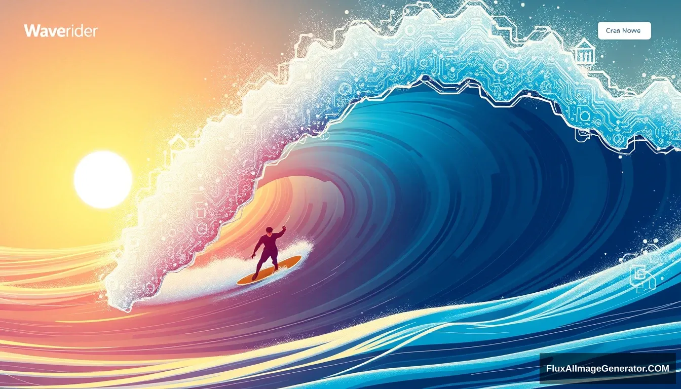 Main background image of the WaveRider company website

A sense of riding the wave of AI to innovate industry

The shape of the waves feels like a digital wave resembling an assembly of AI, circuit diagrams, and matrix code
An image of riding a surfboard over a big wave.

More of an illustration feel than a real photo. - Image