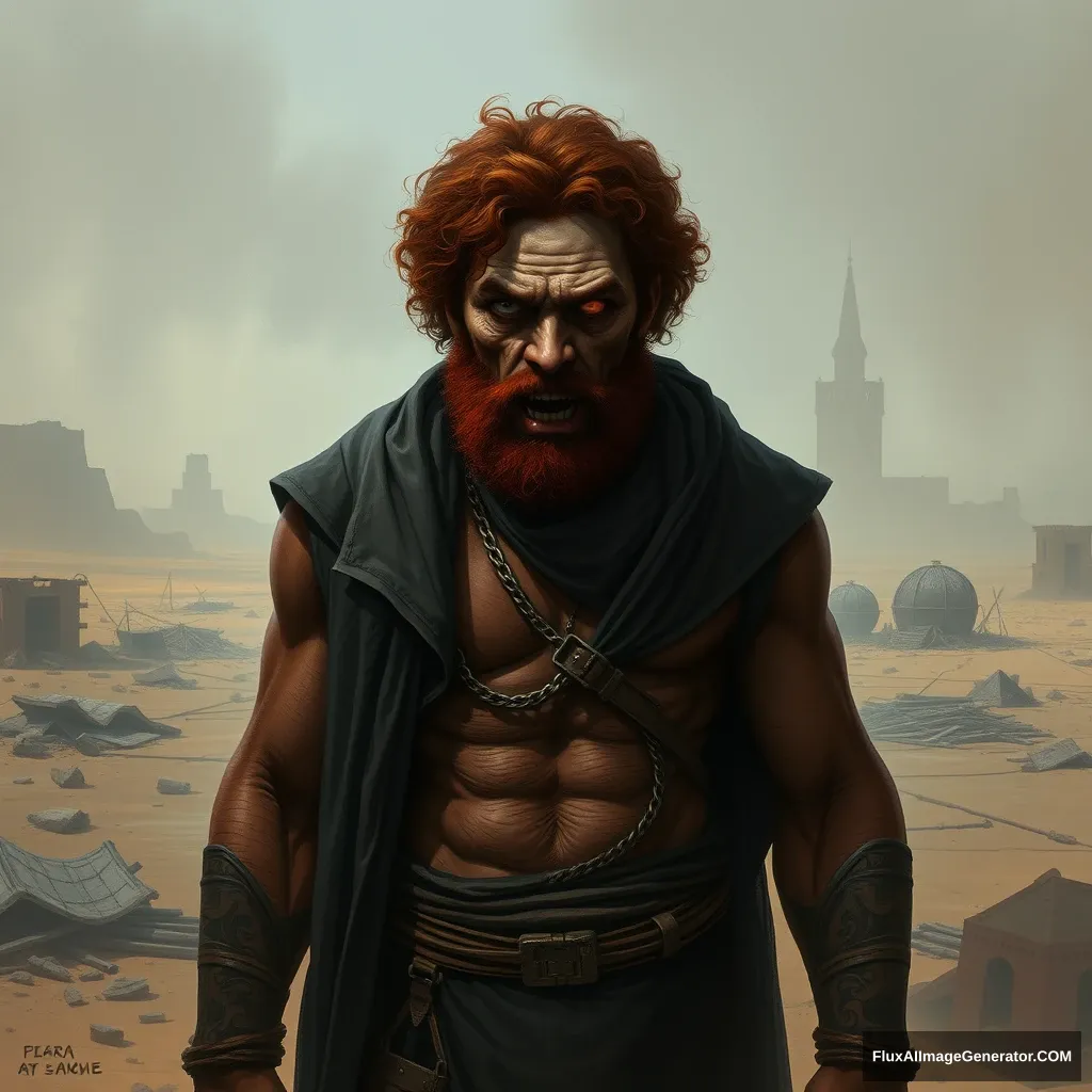 **Prompt AI Image:**  
"Depict a mysterious figure based on Islamic descriptions of the Dajjal (Antichrist). The character should have a robust, intimidating appearance, with a tall and stout body. His complexion is reddish with curly hair. Most notably, he should have one eye that is blind or damaged, while the other eye is large and prominent, giving him an unsettling gaze. Place him in a desolate, eerie environment, perhaps a barren desert or an abandoned urban area, with a sense of chaos or destruction surrounding him. The figure should exude an aura of deception and power, but also fear and despair, with elements that suggest his malevolent nature."